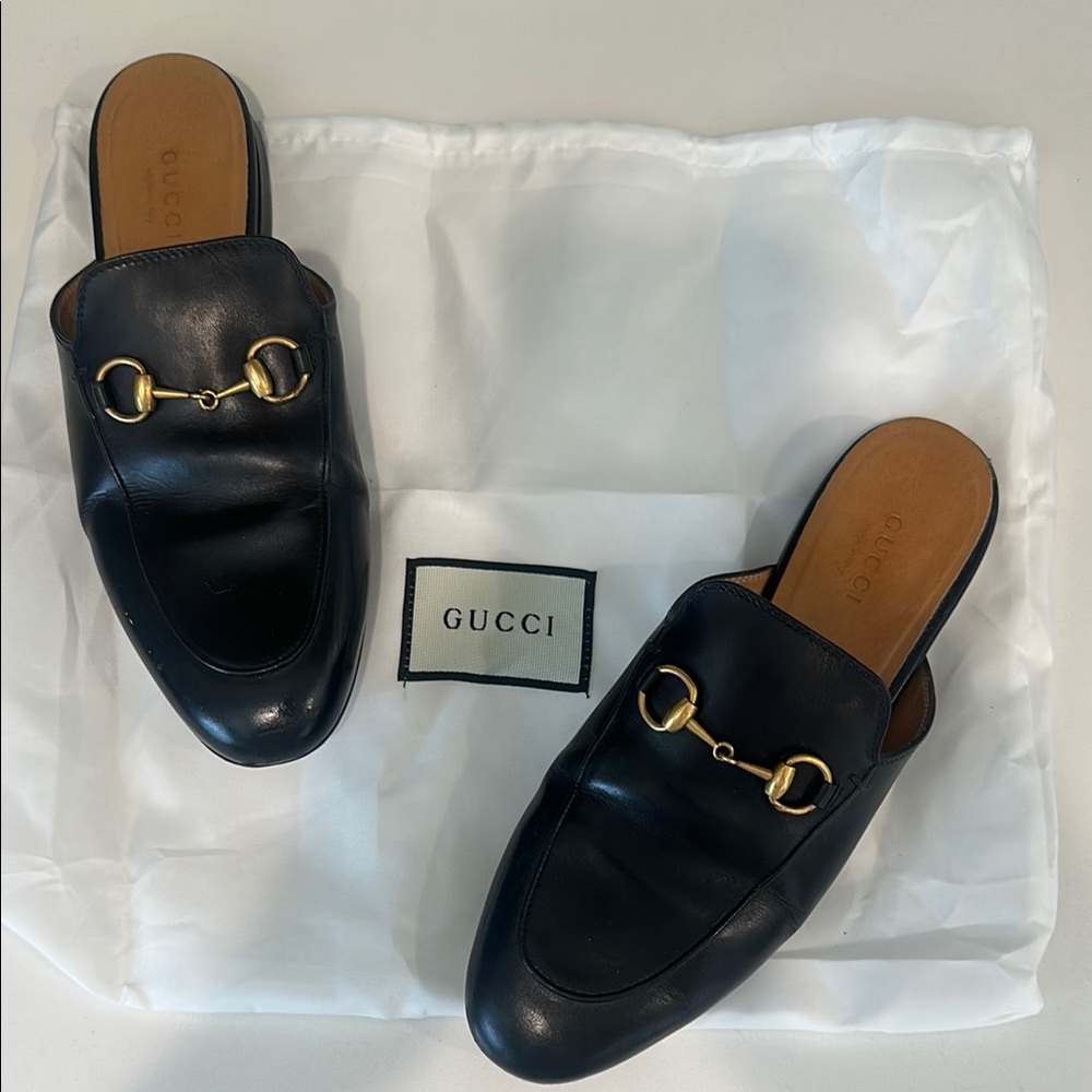 Authentic Gucci Princetown Black Leather Horsebit Mules with Gold Hardware